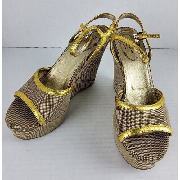 Prada Women's Platform Fabric Logo Wedge Heels Sandals Shoes Size 37.5 - Picture 1 of 12